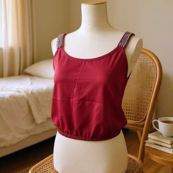 Charlotte Russe Beaded Burgundy Crop Top – Sleeveless, Embellished Straps M - Picture 1 of 8